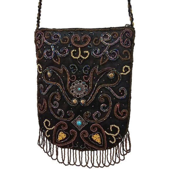 80s Jessica McClintock Fringe Beaded X-Body Bag Multicolor on Brown Zip Close - Picture 9 of 10
